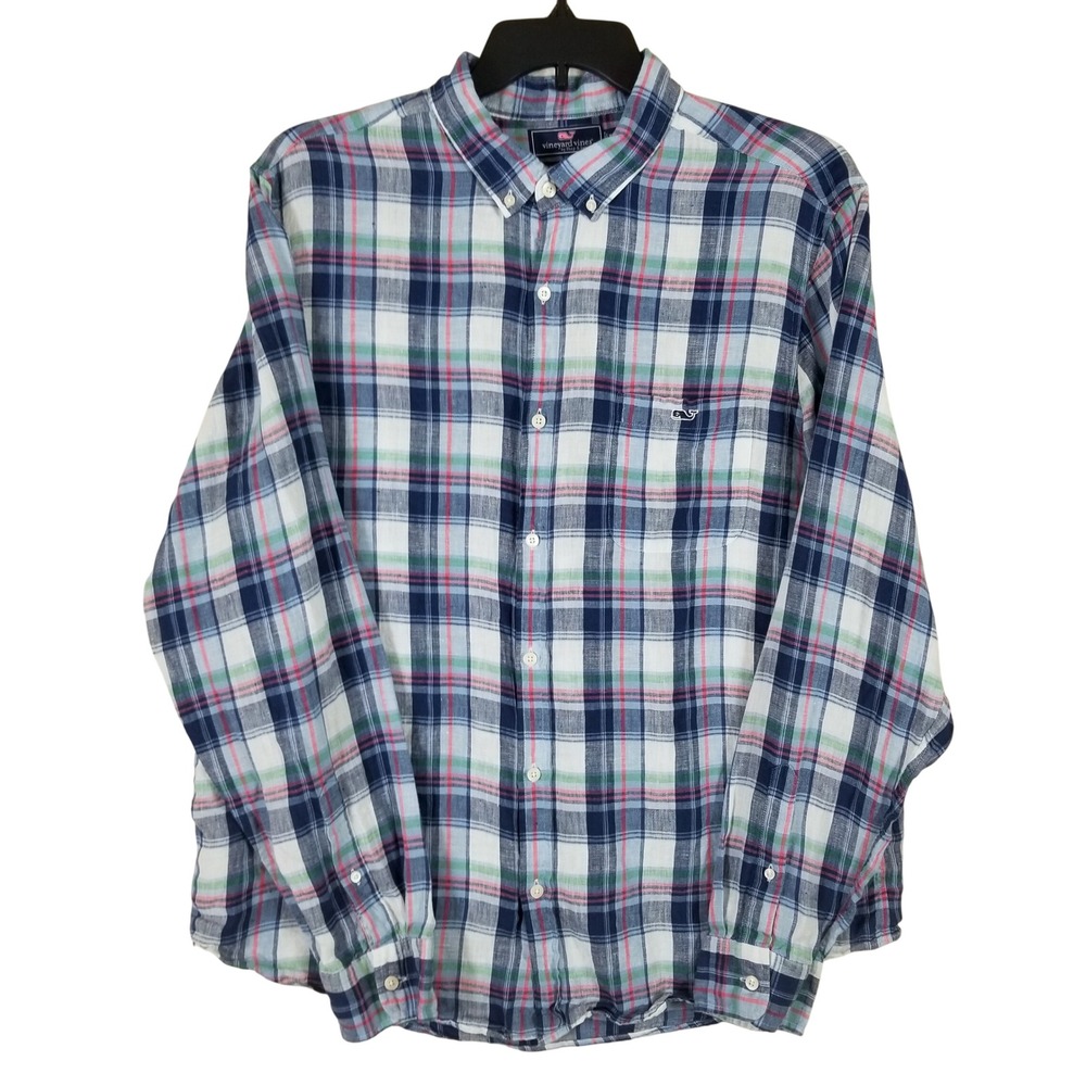 Vineyard Vines Mens XL Slim Fit‎ Tucker Shirt 100% Linen Plaid Button Down Blue